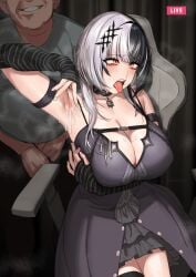 absurdres after_fellatio alternate_breast_size armpit_focus armpits black_choker black_hair blush breasts choker cleavage cum cum_on_armpits cum_on_body cum_on_breasts cum_on_clothes female grey_hair highres hololive hololive_english huge_breasts humiliation kirinkirin livestream multicolored_hair old old_man open_mouth presenting_armpit shiori_novella shiori_novella_(1st_costume) smile snot split-color_hair straight stray_pubic_hair tongue tongue_out two-tone_hair virtual_youtuber wrinkled_skin yellow_eyes