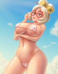 1girls bikini breasts clouds eyeshadow glasses hair_ornament hair_sticks hairbun large_breasts looking_at_viewer makeup midriff navel nintendo outside purah red_eyes saf-404 sky swimsuit tears_of_the_kingdom the_legend_of_zelda white_bikini white_hair white_swimsuit