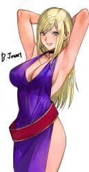 1girls armpits arms_behind_head backless_dress backless_outfit belt big_breasts blonde_hair bonne_jenet breasts busty choker cleavage confident dress fatal_fury female female_only garou:_mark_of_the_wolves grin highres king_of_fighters large_breasts legs long_hair looking_at_viewer pose posing purple_dress sensual sexy_armpits sideboob smile snk solo teeth thighs