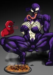 1boy 1girls big_breasts breast_grab breasts crouching dialogue female fondling_breasts fondling_own_breast food groping groping_breasts groping_self legs_apart male marvel marvel_comics meme pizza pizza_hut png pussy pussy_juice ryosuart she-venom spider-man spider-man_(series) spread_legs spreading squatting squirting symbiote text thick_thighs unamused wide_hips