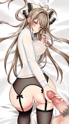 all_fours amagi_brilliant_park antenna_hair anus ass blush bow breasts brown_eyes brown_hair censored erect_nipples female from_above garter_belt garter_straps hair_twirling hairbow handjob highres hongsil long_hair looking_back mosaic_censoring penis pov pussy pussy_juice see-through sento_isuzu thighhighs twitter_username veins veiny_penis