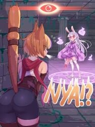 2girls animal_ears ass bare_shoulders brown_hair cat_ears cat_girl cat_tail closed_mouth flying_sweatdrops futanari glowing glowing_eyes highres huge_cock indoors japanese_clothes kimono leaning_forward looking_at_another magic_circle multiple_girls original penis purple_kimono rabbit_ears rabbit_girl red_eyes red_scarf scarf short_hair sirachi sleeves_past_fingers sleeves_past_wrists standing tail tail_raised thighhighs tile_floor tiles uncensored white_thighhighs