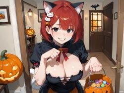 ai_generated answering_door big_breasts candy candy_bucket cat_costume cat_ears cat_ears_hairband cat_pose cat_tail cleavage doorway halloween halloween_bucket halloween_costume halloween_theme historyia jack-o'-lantern original original_character pov smiling trick_or_treat