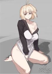 absurdres antenna_hair arcueid_brunestud blonde_hair breasts cleavage collarbone cosplay emiya_shirou_(cosplay) female full_body grey_background highres jonyeld large_breasts no_pants red_eyes shadow short_hair simple_background single_bare_shoulder single_off_shoulder solo tsukihime