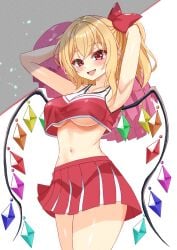 1girls alternate_breast_size armpits arms_up big_breasts blonde_hair cheerleader cheerleader_uniform fang female flandre_scarlet ganon_capybara gems no_bra open_mouth pom_poms ponytail red_eyes ribbon side_ponytail skimpy skimpy_clothes touhou underboob vampire white_background wings