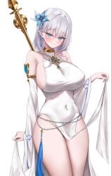 bare_legs bare_shoulders blue_eyes blush breasts detached_sleeves dress dungeon_and_fighter female_only flower gold_trim huge_breasts looking_at_viewer original pelvic_curtain sideboob smile solo thighs white_hair