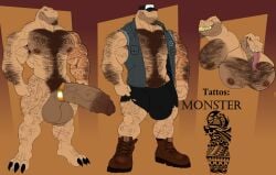 absurd_res animal_humanoid anthro armpit_hair artslionbear balls body_hair chest_hair clothed clothing digital_media_(artwork) dinosaur erection genitals hat hat_over_eyes headgear headwear hi_res humanoid lagomorph lagomorph_humanoid male mammal mammal_humanoid model_sheet muscular muscular_anthro muscular_male nipples nude penis prehistoric_species reptile scalie simple_background solo solo_male tattoo theropod tyrannosaurid tyrannosauroid tyrannosaurus tyrannosaurus_rex