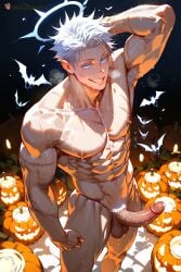 1boy abs ai_generated armpit_hair bara bat_(animal) blue_eyes bush bushy_pubes completely_nude erection gay genital_fluids genitals goldenfieldszho hair hairy hairy_armpits hairy_arms hairy_balls hairy_male halloween halo jack-o'-lantern jujutsu_kaisen large_pectorals looking_at_viewer male_focus male_pubic_hair muscular muscular_male naked naked_male navel navel_hair nipples nude pectorals penis precum precum_drip precum_on_penis precum_string pubic_hair pumpkin satoru_gojo scar scar_on_arm short_hair smile solo sweat sweatdrop sweating sweaty sweaty_balls sweaty_body sweaty_genitalia sweaty_legs sweaty_thighs testicles thick_thighs thighs uncensored vein veins veiny veiny_arms veiny_muscles white_hair yaoi