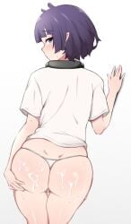 1girls blush cum cum_on_ass cum_on_body hololive hololive_english hololive_myth kududama looking_at_viewer looking_back ninomae_ina'nis no_pants panties sweat sweatdrop virtual_youtuber vtuber