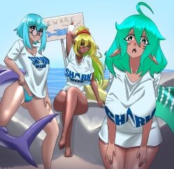 3girls ahoge alternate_version_available beach beach_background big_breasts big_butt blonde_female blonde_hair blonde_hair blonde_hair_female blue_eyes blue_hair blue_shark blush breasts breasts_bigger_than_head celeste_(teicarro) cyan_hair cyana_(t-rex_m) female female_focus female_humanoid female_only fin fish_humanoid fish_tail green_eyes gyaru huge_breasts humanoid humanoid_only humanoid_pointy_ears kayserend large_breasts lemon_shark long_ears long_hair looking_at_viewer medium_breasts monster_girl monster_girl_(genre) oc ocean ocean_background open_mouth original_character ponytail shark_fin shark_girl shark_humanoid shark_tail shark_week short_hair short_hair_female shorter_female simple_background sitting sitting_on_ground small_breasts standing tagme tall_female taller_girl tan tan_skin tanned tanned_female tanned_skin tanned_tomboy thick_thighs tomboy tomboys water whale_shark yellow_hair