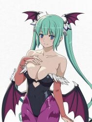 1girls big_breasts blue_eyes breasts cosplay covered_navel curvaceous darkstalkers dungeon_ni_deai_wo_motomeru_no_wa_machigatteiru_darou_ka female female_only green_hair halloween hand_on_breast hestia_(danmachi) large_breasts light_blush lil_trash02 long_hair morrigan_aensland_(cosplay) smile solo tagme twintails wide_hips wings