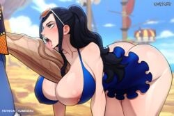 blowjob kamekuzu kameseru monkey_d_luffy nico_robin one-piece_swimsuit one_piece tongue_out tongue_out_blowjob