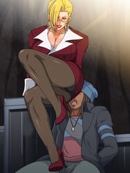 1boy blonde_hair charlemagne_(monsuno) dax_(monsuno) female femdom gureko_rouman lipstick monsuno office_lady pantyhose