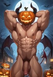 abs ai_generated armpits arms_behind_head balls bara biceps bsky_link civitai demon_horns demon_tail demon_wings dvxxxgrai flexing gay hairy hairy_chest hairy_male halloween jack-o'-lantern large_penis male male/male male_focus male_only male_pubic_hair moon moonlight muscular muscular_male navel night nipples penis pixai pony_diffusion_xl pubic_hair pumpkin pumpkin_head solo solo_focus solo_male tagme testicles thighs triceps twitter_link wings_on_back yaoi