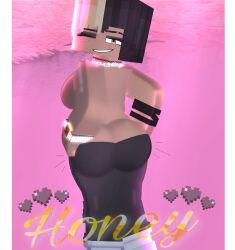 1girl ass black_hair black_mascara blonde_hair breasts breasts_out broken_pants chain_collar female female_only ginger honey_(theactualhoney) jeans long_pants looking_at_viewer looking_back minecraft orange_hair theactualhoney topless white_shoes white_watch