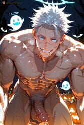 1boy abs ai_generated bara blue_eyes bush bushy_pubes completely_nude cum erection gay genital_fluids genitals ghost goldenfieldszho hair hairy hairy_armpits hairy_balls hairy_male halloween halo jack-o'-lantern jujutsu_kaisen large_pectorals looking_at_viewer male_focus male_pubic_hair muscular muscular_male naked naked_male navel night nipples nude pectorals penis precum precum_drip precum_on_penis precum_string pubic_hair satoru_gojo scar short_hair smile solo sweat sweatdrop sweating sweaty sweaty_balls sweaty_body sweaty_genitalia sweaty_legs sweaty_thighs testicles thick_thighs thighs uncensored vein veiny veiny_arms veiny_muscles white_hair yaoi