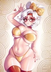 1girls bandana bra breasts choker glasses hair_ornament hairbun large_breasts looking_at_viewer midriff navel nintendo painted_fingernails panties purah red_eyes sevie seviesphere tears_of_the_kingdom the_legend_of_zelda thighhighs white_hair yellow_bra yellow_panties