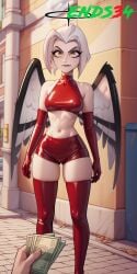 ai_generated angel_wings angry ends34 female female_only hazbin_hotel latex lute_(hazbin_hotel) money prostitution short_hair slut slutty_clothing slutty_outfit stockings white_hair whore yellow_eyes