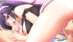 69 atelier_kaguya baku_ane_otouto_shibocchau_zo! bare_shoulders blush breasts brother_and_sister censored choco_chip female game_cg handjob hayasaki_mio huge_breasts incest legs licking long_hair looking_back lying mosaic_censoring open_mouth oral penis ponytail purple_hair pussy red_eyes sweat thighs tied_hair