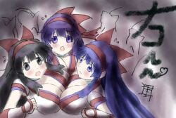 3girls ainu_clothes asymmetrical_docking big_breasts black_eyes black_hair blue_eyes blue_hair blush breast_press breasts busty cleavage female female_only fingerless_gloves gloves hair_ribbon highres king_of_fighters large_breasts long_hair looking_at_viewer multiple_girls multiple_persona nakoruru nervous open_mouth parted_lips pink_lips pose posing purple_eyes purple_hair ribbon samurai_shodown sensual sideboob snk solo tongue traditional_media traditional_media_(artwork) very_long_hair voluptuous