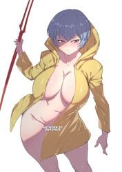 1girls aged_up ass bangs bible big_ass big_breasts big_thighs blue_eyes blue_hair blue_sky blush bokuman breasts butt cloud cowboy_shot day eyebrows_visible_through_hair grin highres holy_year_2025 hood hood_up huge_ass huge_breasts huge_thighs jewelry looking_at_viewer luce_(vatican) naked_female navel necklace neon_genesis_evangelion nude raincoat rei_ayanami short_hair smile solo stomach swimsuit thick_hips thick_thighs thighs wet yellow_jacket yellow_raincoat