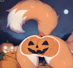 anthro ass bent_over big_butt bodypaint butt_focus canid canine canis cloud detailed_background digital_media_(artwork) female fluffy fluffy_tail fog food fox fruit full_moon fur genitals halloween hi_res holidays jack-o'-lantern mammal moon multicolored_body multicolored_fur night ninesm nude orange_body orange_fur outside plant presenting presenting_hindquarters pumpkin pumpkin_butt pussy raised_tail rear_view sky solo tail thick_thighs two_tone_body wide_hips