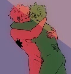 2boys color cuntboy dave_strider ftm gay homestuck hugging intersex jake_english kissing male male_breasts male_focus male_only nude nude_male nudity partially_colored scars short_hair short_hair_male tattoo tattoos viktor yaoi