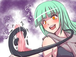 1girls assassination_classroom censored crazy_eyes cum ejaculation female green_hair handjob kayano_kaede long_hair mosaic_censoring orange_eyes penis scarf spoilers teenage_girl teenager tentacle text translation_request uichi-chi yandere young