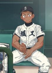 1boy baseball_uniform clothed erection jerking leeksaltboy male male_only masturbation muscular_male penis_out sitting sportswear sweatdrop sweaty