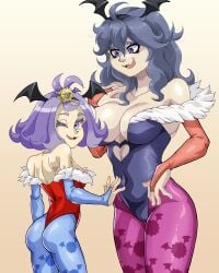 2girls 4:5 acerola_(pokemon) alternate_costume ass back_view big_breasts blush breasts bubble_butt cleavage cosplay curvy curvy_figure darkstalkers female female_focus female_only hair_ornament hex_maniac huge_breasts large_breasts lilith_aensland_(cosplay) long_hair long_sleeves medium_ass morrigan_aensland_(cosplay) multiple_girls pale-skinned_female pale_skin pokemon pokemon_sm pokemon_xy purple_eyes purple_hair schlumper shiny_skin size_difference small_breasts succubus