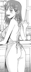 apron ass blush breasts cooking denkichi fate/stay_night fate_(series) female from_behind indoors kitchen ladle large_breasts matou_sakura monochrome naked_apron open_mouth smile solo standing