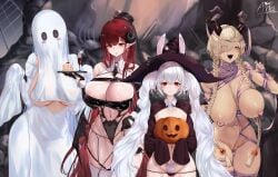 4girls absurdres alsace_(azur_lane) alternate_costume annasui_factory azur_lane blue_eyes blue_hair breastless_clothes breasts breasts_out contrapposto dress ghost_costume ghost_mask halloween halloween_costume hands_up highres hindenburg_(azur_lane) huge_breasts laffey_(azur_lane) long_hair looking_at_viewer multiple_girls owari_(azur_lane) see-through_clothes see-through_dress simple_background