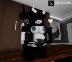 1boy 1girls 3d areolae big_breasts black_hair blackhornzz blindfold blush crop_top female horns nipples panties penis_rubbing_pussy revealing_clothes roblox robloxian rubbing_penis_on_pussy sweat sweating tagme teasing thigh_sex thighhighs twitter_username