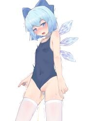 absurdres bare_arms bare_shoulders blue_bow blue_eyes blue_hair blush bow breasts candy chinese_commentary cirno clothing_aside commentary covered_navel cowboy_shot female female_orgasm food hairbow highres ice ice_cream ice_wings littiecy looking_at_viewer melting nose_blush object_insertion orgasm peeing pussy school_swimsuit short_hair simple_background small_breasts solo sweat swimsuit swimsuit_aside thighhighs touhou trembling vaginal_object_insertion vaginal_penetration white_background white_thighhighs wings