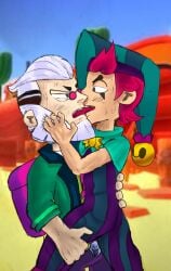 2boys 2d brawl_stars byron_(brawl_stars) chester_(brawl_stars) closing_eyes clothed desert digital_media_(artwork) french_kiss french_kissing gay gay_kissing gay_male older_male younger_male