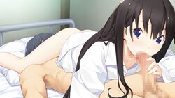 69 ass bed black_hair blue_eyes blush censored clothed_female_nude_male fellatio female game_cg highres jiyu2 koisuru_otome_no_oshioki_jugyou kuroi_makoto legs long_hair looking_back lying lying_on_person mosaic_censoring no_panties on_stomach oral penis pillow thighs