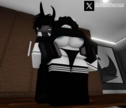 1boy 1girls 3d black_hair blackhornzz blindfold blush crop_top female horns panties revealing_clothes roblox robloxian sweat sweating tagme teasing thighhighs twitter_username underboob