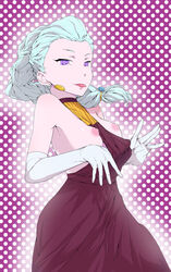 1girls :p blue_hair braid death_parade dress earrings elbow_gloves female female_only flashing gloves jewelry long_hair looking_at_viewer nipples nona_(death_parade) purple_eyes single_braid small_breasts solo white_hair