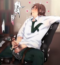 ... 1boy absurdres arm_up axis_powers_hetalia bar_censor belt black_male_underwear blurry blurry_background blush bookshelf brown_belt brown_hair censored chair clenched_teeth closed_eyes collared_shirt cum curtained_hair desk ejaculation furrowed_brow gakuenlove green_necktie green_pants heart highres indoors lithuania_(hetalia) low_ponytail male_focus male_masturbation male_underwear masturbation medium_hair motion_lines necktie nose_blush office office_chair on_chair open_belt open_pants orgasm pants parted_bangs pubic_hair puff_of_air see-through_clothes see-through_shirt shirt sidelocks sitting solo spoken_ellipsis spoken_heart spread_legs sweat swivel_chair teeth testicles trembling undershirt underwear variant_set white_shirt wing_collar