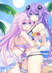 2girls :d beach bikini blue_bikini blue_eyes blue_swimsuit bracelet breasts clouds drinking_glass hair_ornament holding_drink large_breasts lewdkuma long_hair looking_at_viewer midriff navel necklace nepgear neptune_(neptunia) neptunia_(series) ocean outside palm_trees pink_hair purple_bikini purple_hair purple_heart_(neptunia) purple_sister purple_swimsuit sky swimsuit thigh_strap twin_braids water