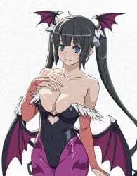 1girls big_breasts black_hair blue_eyes breasts cosplay covered_navel curvaceous darkstalkers dungeon_ni_deai_wo_motomeru_no_wa_machigatteiru_darou_ka female female_only halloween hand_on_breast hestia_(danmachi) large_breasts light_blush lil_trash02 long_hair morrigan_aensland_(cosplay) smile solo tagme twintails wide_hips wings