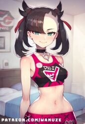 ai_generated black_hair blush choker green_eyes gym_uniform marnie_(pokemon) pokemon small_breasts standing wanuze wide_hips