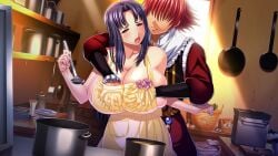 1boy 1girls breasts cleavage dark-blue_hair game_cg gigantic_breasts huge_breasts hyper_breasts kyonyuu_fantasy kyonyuu_fantasy_gaiden_2 ladle naked naked_apron nude nude_female open_eyes open_mouth pot red_hair rokusaanu_do_dejiiru rose_(flower) ryuuto_henge touching_breast waffle yellow_apron