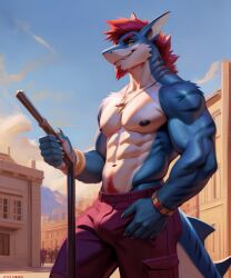 ai_generated anthro biceps blue_body blue_skin bottomwear city clothing desert ears_up fish hair jewerly kuranoidss looking_at_viewer male marine muscular muscular_male necklace nipples pants red_hair shark sharp_teth sky smile solo solo_focus tail teeth