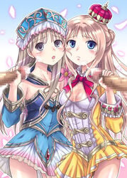 2girls atelier_(series) atelier_meruru atelier_totori bare_shoulders blue_eyes blush crown cum handjob long_hair merurulince_rede_arls multiple_girls open_mouth penis ribbon skirt totooria_helmold