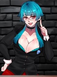 blue_eyes blue_hair bra female_only glasses huge_breasts secretary