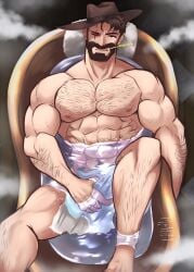 1boy bara bathing body_hair cowboy human mrputt muscular_male original_character