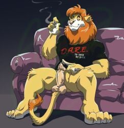 1boy 90's_theme abdominals abs balls barbed barbs big bigpaws boner cnc cock cum cumming dare drugs fur furry hunk joke lion male male_only mane mascot muscles muscular nipples paws pecs penis pot pre_cum relaxes schlong smoking smoking_cigarette sofa solo tail toony tuft zeiros_(artist)