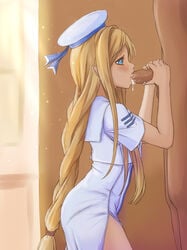 1boy alicia_florence_(aria) aria_(series) blonde_hair blue_eyes blush braid clothing cum cum_in_mouth dress faceless faceless_male fellatio female hat human human_only long_hair nora-uni oral penis single_braid uncensored uniform