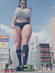 1girls apex_legends big_breasts black_hair black_hair_female breasts building buildings city clothed clothed_female conduit_(apex_legends) female female_focus giant_female giant_woman giantess huge_boobs huge_breasts jessicagts kneesocks large_boobs large_breasts light-skinned_female light_skin midriff midriff_baring_shirt shocked shocked_expression shorts suprised_expression surprised walking